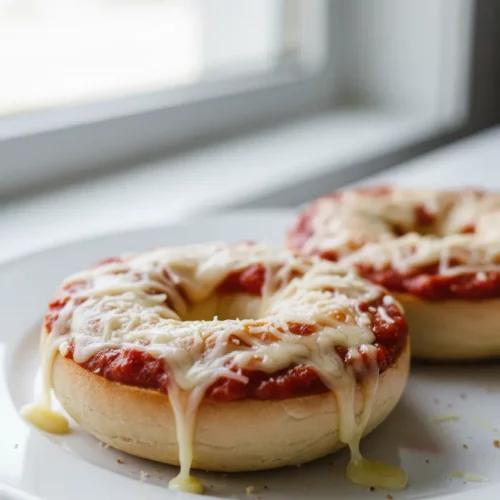 Two mini pizzas, made with bagel halves, topped with melted cheese and tomato sauce. The cheese is viscous and some unmelted cheese is on top. The bagels are slightly browned.