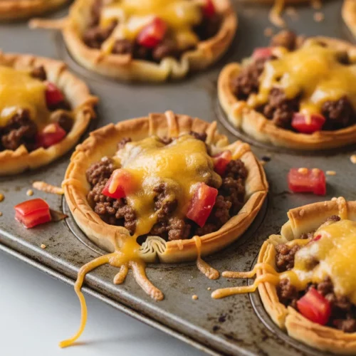 A close-up of a mini taco cup with a golden-brown phyllo shell filled with ground meat, diced tomatoes, and melted cheese. The taco cup sits on a white surface with scattered tomato pieces, with a muffin tin holding other taco cups visible below.