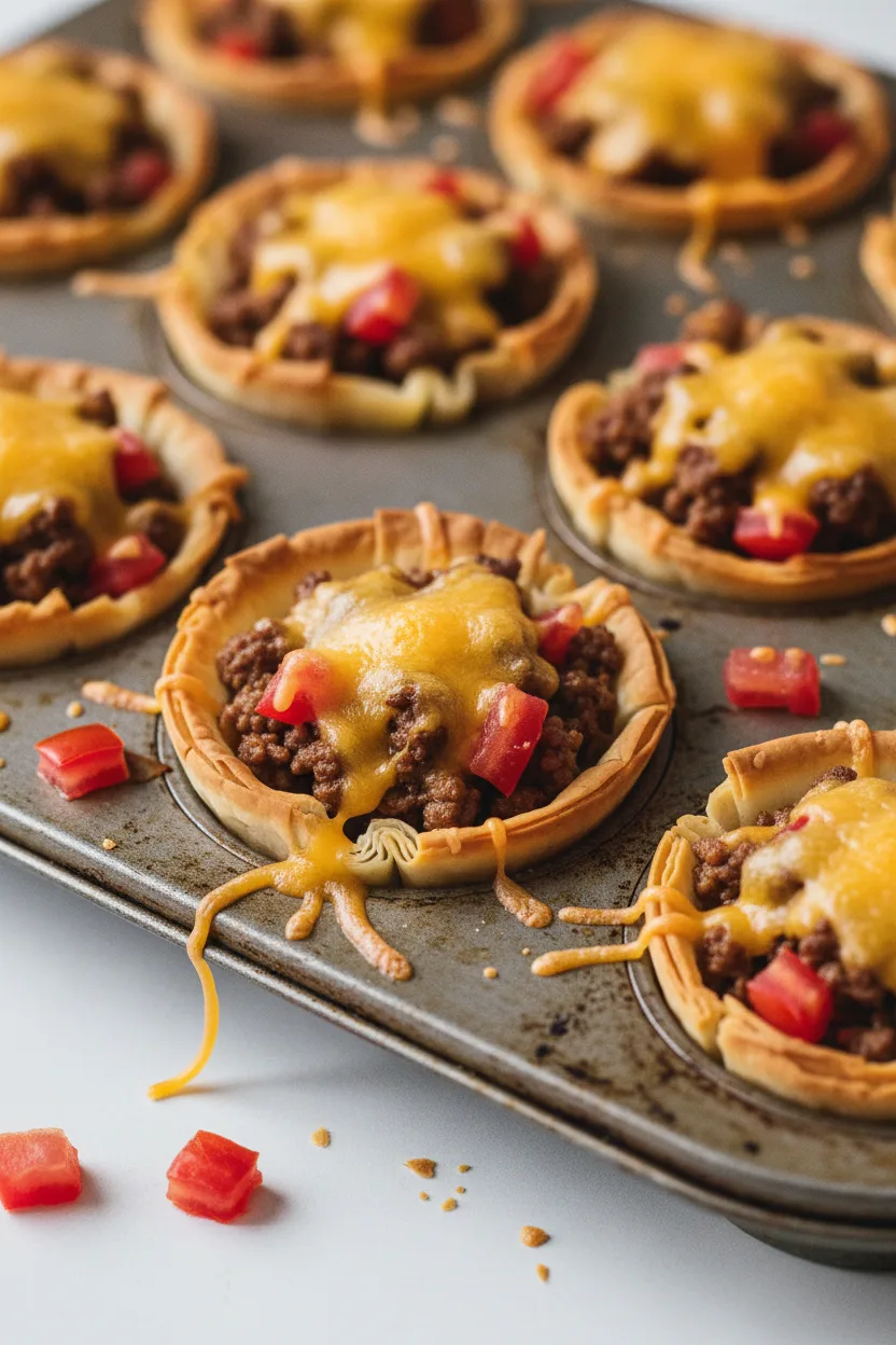 A close-up of a mini taco cup with a golden-brown phyllo shell filled with ground meat, diced tomatoes, and melted cheese. The taco cup sits on a white surface with scattered tomato pieces, with a muffin tin holding other taco cups visible below.