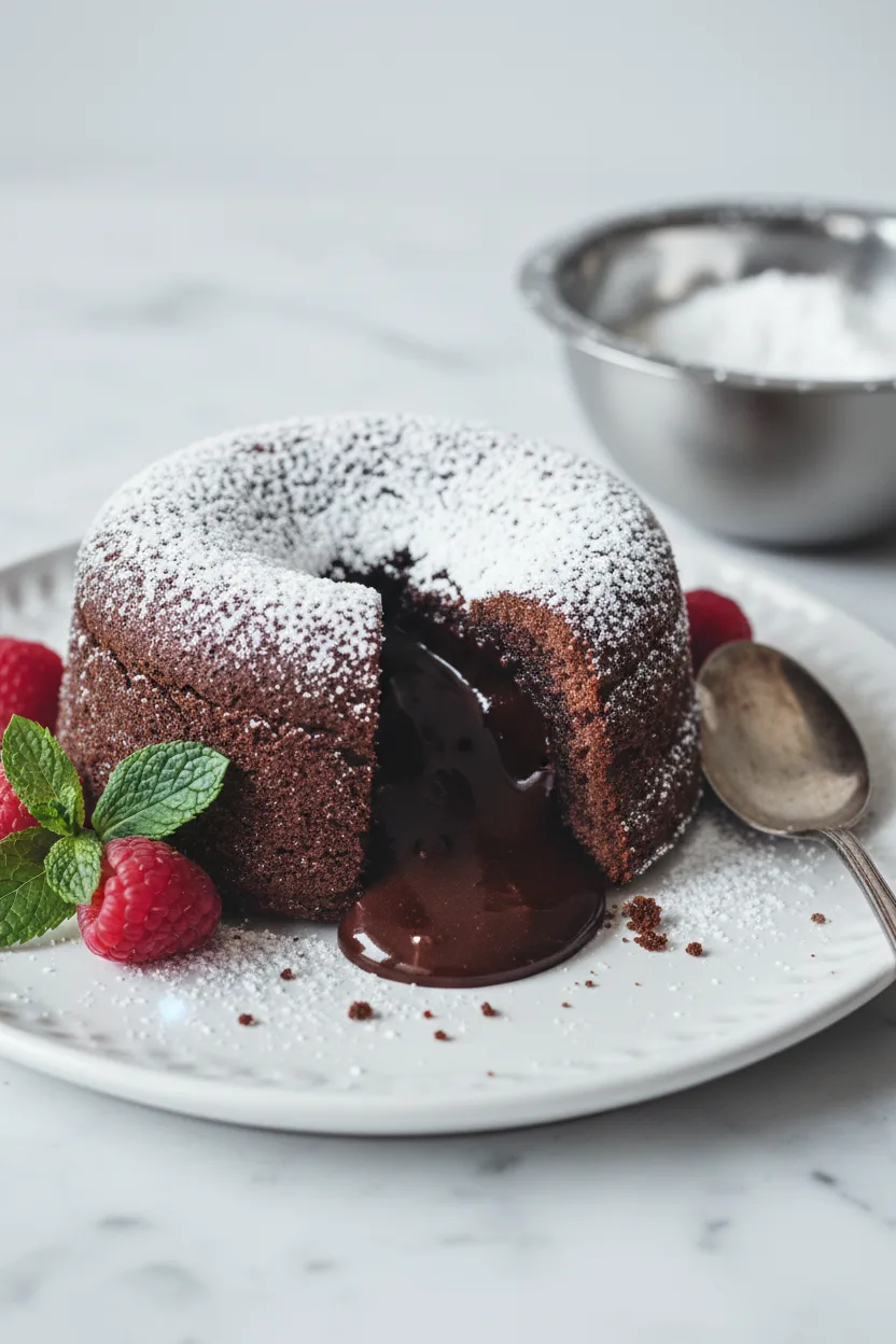 A molten chocolate lava cake for two is served on a white plate, dusted with powdered sugar. A portion has been cut out, revealing a gooey, molten chocolate center. Raspberries and a mint sprig garnish the plate, with a tarnished silver spoon resting alongside the cake.