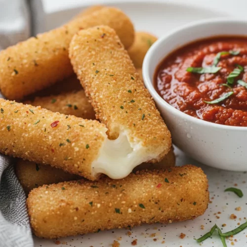 A pile of homemade mozzarella sticks, lightly fried to a golden-brown, are arranged on a speckled white plate. A small bowl of chunky marinara sauce, garnished with fresh herbs, sits beside them. A folded grey and white patterned napkin peeks out from under the plate.