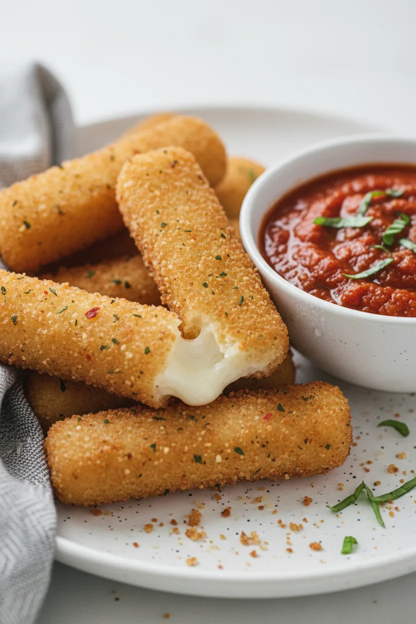 A pile of homemade mozzarella sticks, lightly fried to a golden-brown, are arranged on a speckled white plate. A small bowl of chunky marinara sauce, garnished with fresh herbs, sits beside them. A folded grey and white patterned napkin peeks out from under the plate.