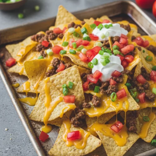 Overhead shot of sheet pan nachos supreme, featuring tortilla chips topped with melted cheese, ground beef, diced tomatoes, sour cream, and green onions. The nachos are presented on a tarnished metal baking sheet with a textured concrete background.