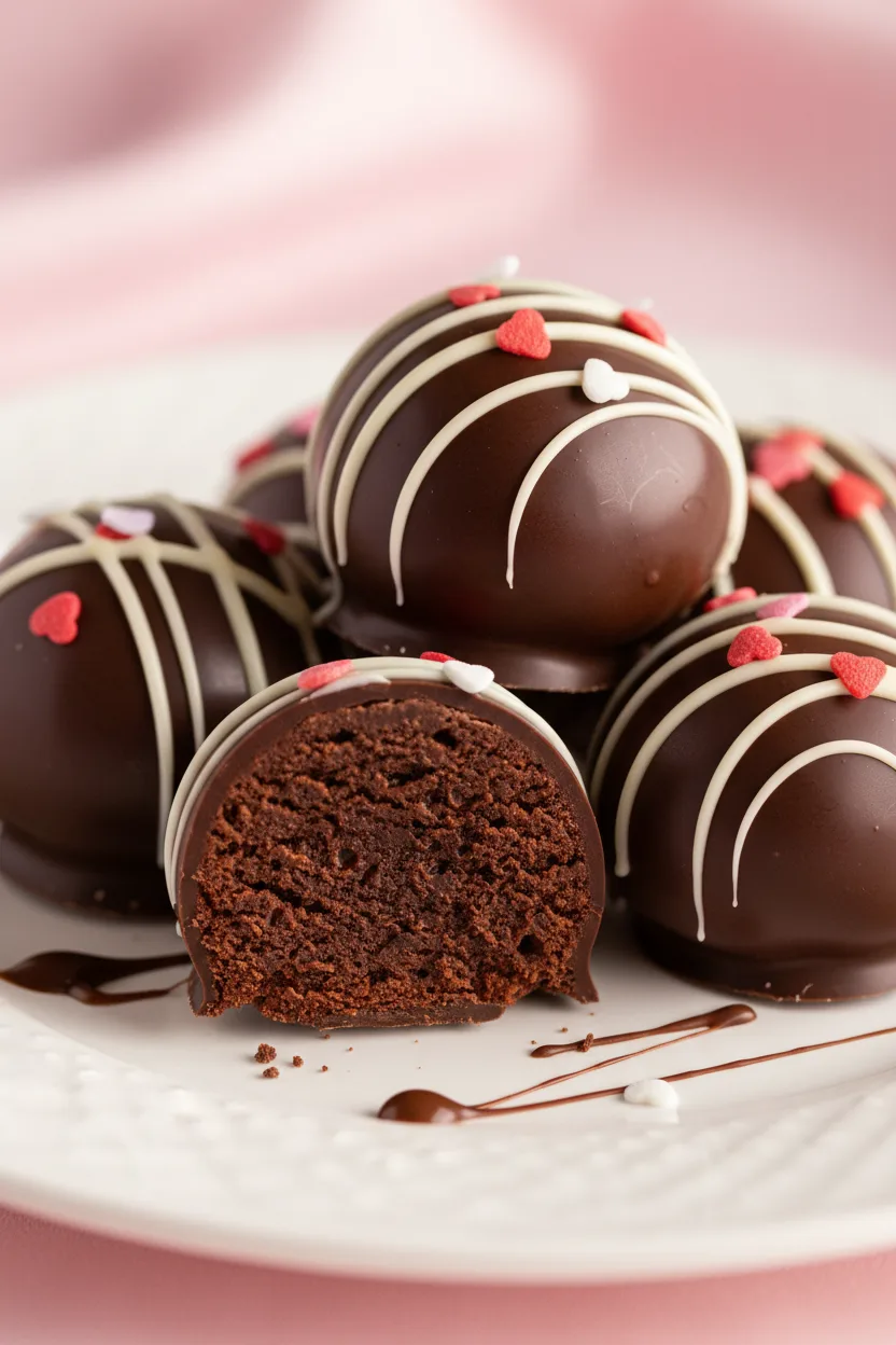 A cluster of Oreo truffles decorated for Valentine's Day with drizzled white chocolate and red and white heart-shaped sprinkles. One truffle is cut in half to show the dark chocolate interior.