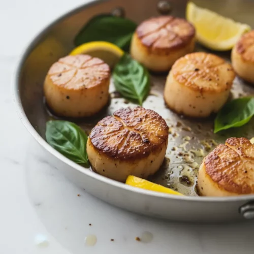 Pan seared scallops in a stainless-steel skillet with basil leaves and lemon wedges. The scallops have a caramelized crust and are in a glossy sauce.