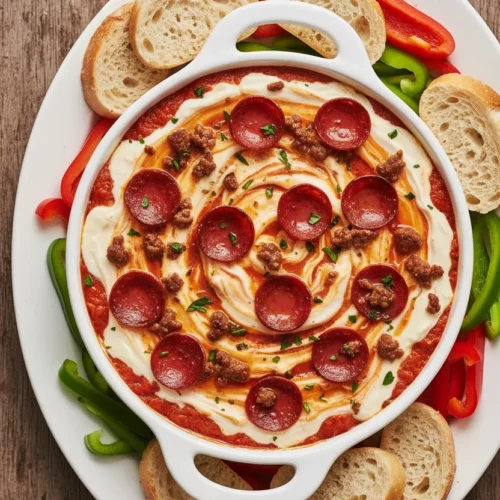 Overhead shot of creamy Pepperoni Pizza Dip with beef pepperoni in a white bowl, surrounded by baguette slices and bell pepper segments on a rustic wooden table.