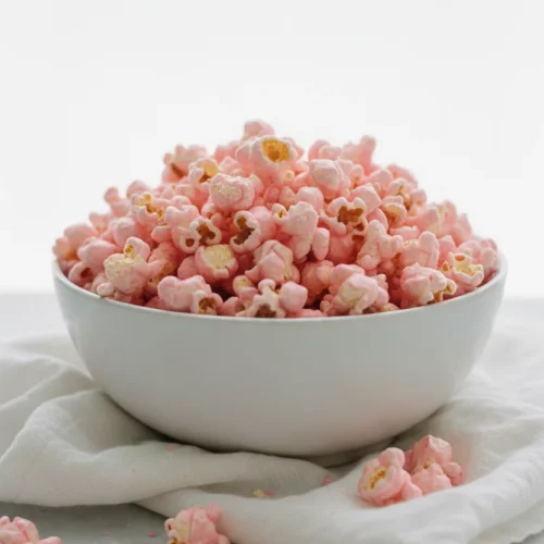 A bowl filled to the brim with pink candy popcorn, some scattered around on a white marble surface with a rumpled white linen napkin. The pink popcorn has a smooth, candy-coated texture with some exposed beige popcorn underneath.