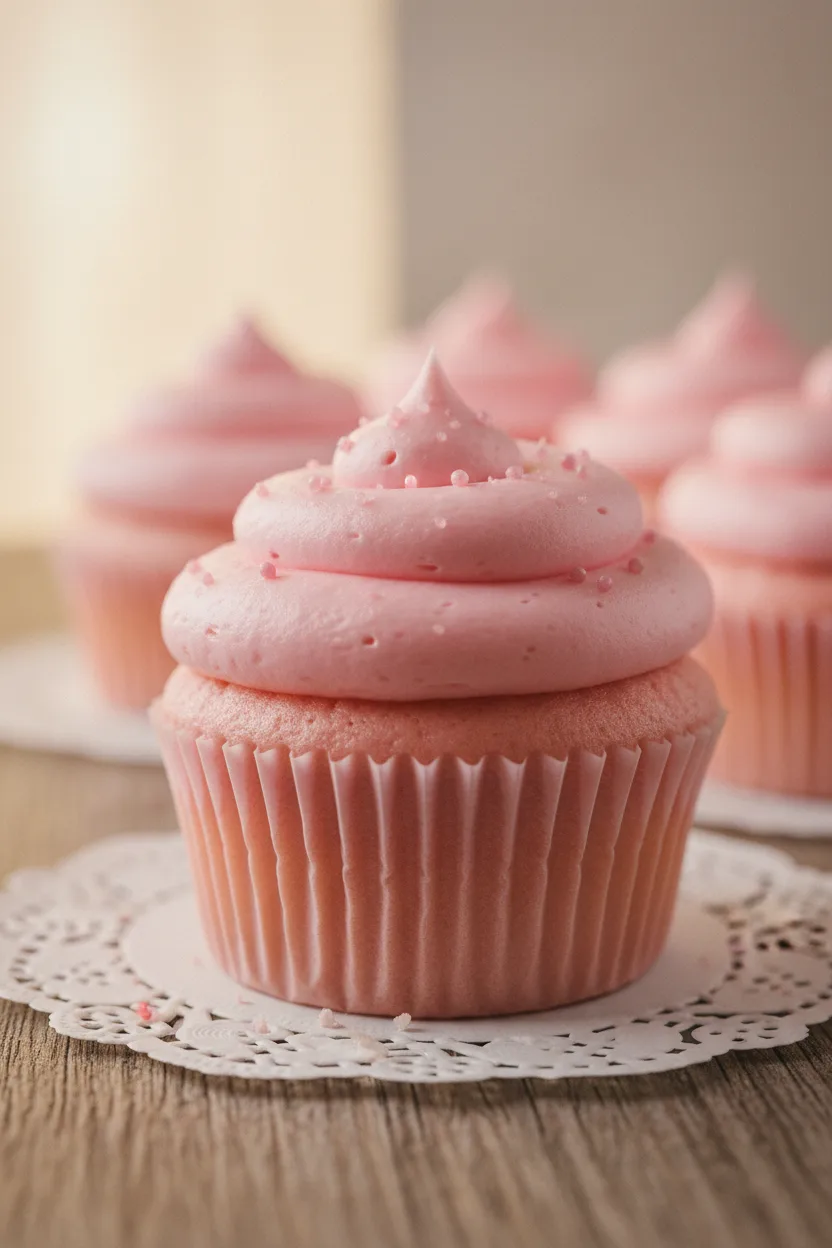 A bright, high-key image of a pink velvet cupcake with a crinkled paper wrapper and thick, swirled matte frosting. Tiny pink pearl sprinkles are sparsely scattered on top. The cupcake sits on a white lacy doily, placed on a weathered wooden surface, with blurred cupcakes in the background.