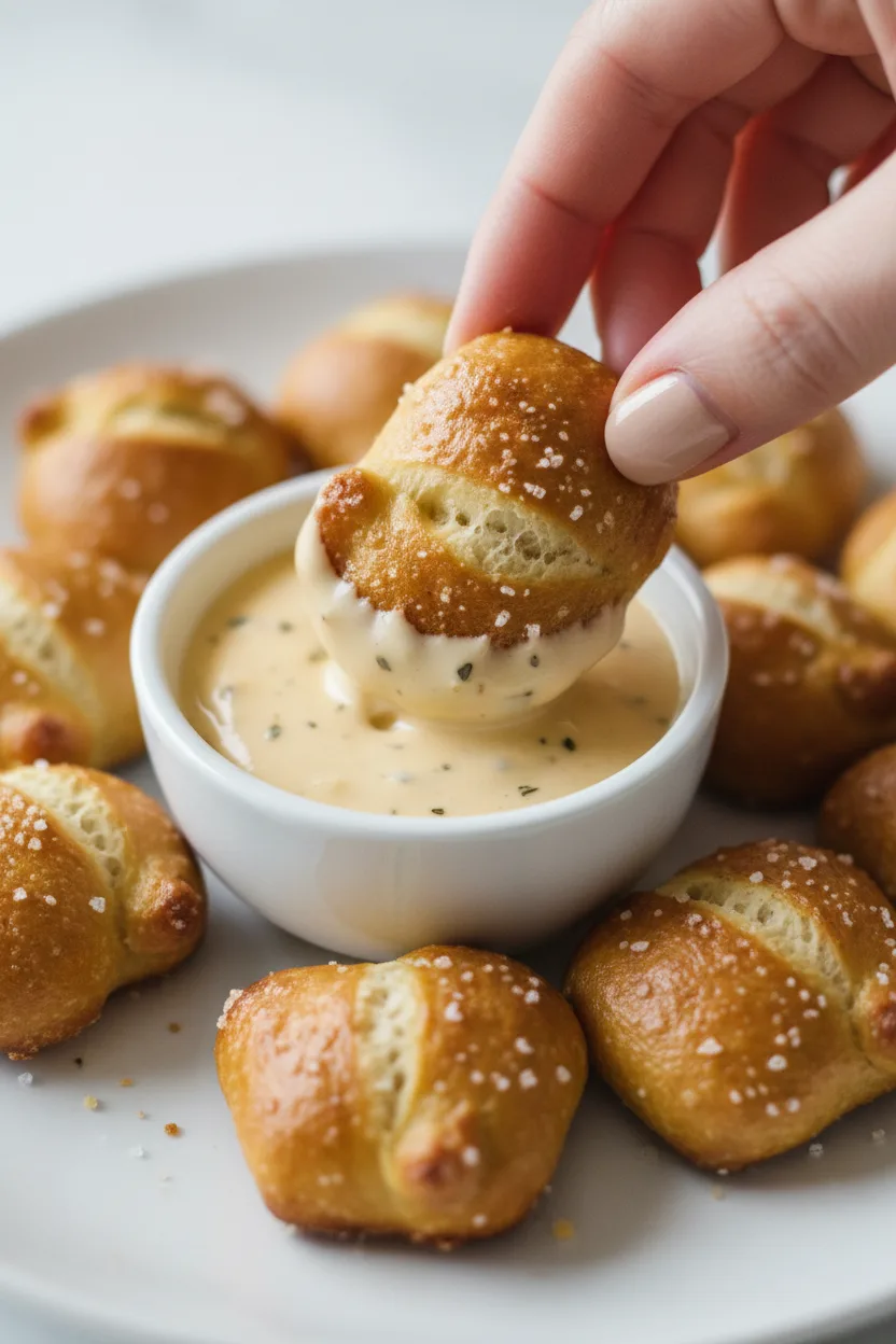 A close-up shot of golden-brown pretzel bites, some coated with coarse salt, being dipped into a creamy, non-alcoholic beer cheese sauce in a white ceramic bowl. Fingers with light beige nail polish are holding the pretzel. The background features a blurred view of more pretzel bites on a white plate.