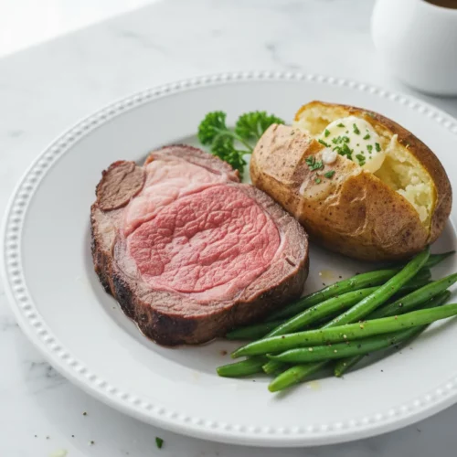 A brightly lit plate featuring a slice of medium-rare prime rib with browned crust, served with a baked potato topped with butter and herbs, and green beans with black pepper. Garnished with fresh parsley.