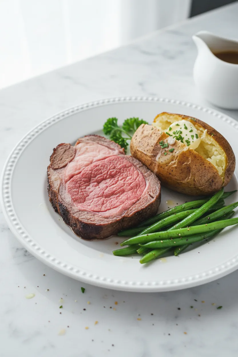 A brightly lit plate featuring a slice of medium-rare prime rib with browned crust, served with a baked potato topped with butter and herbs, and green beans with black pepper. Garnished with fresh parsley.