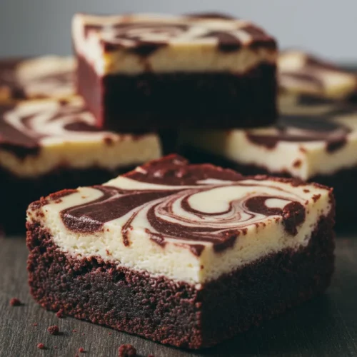 A square of red velvet brownie with a creamy cheesecake swirl on top, resting on a dark wooden surface. Other brownies are slightly blurred in the background, showcasing the marbled pattern and distinct layers of the red velvet and cheesecake.