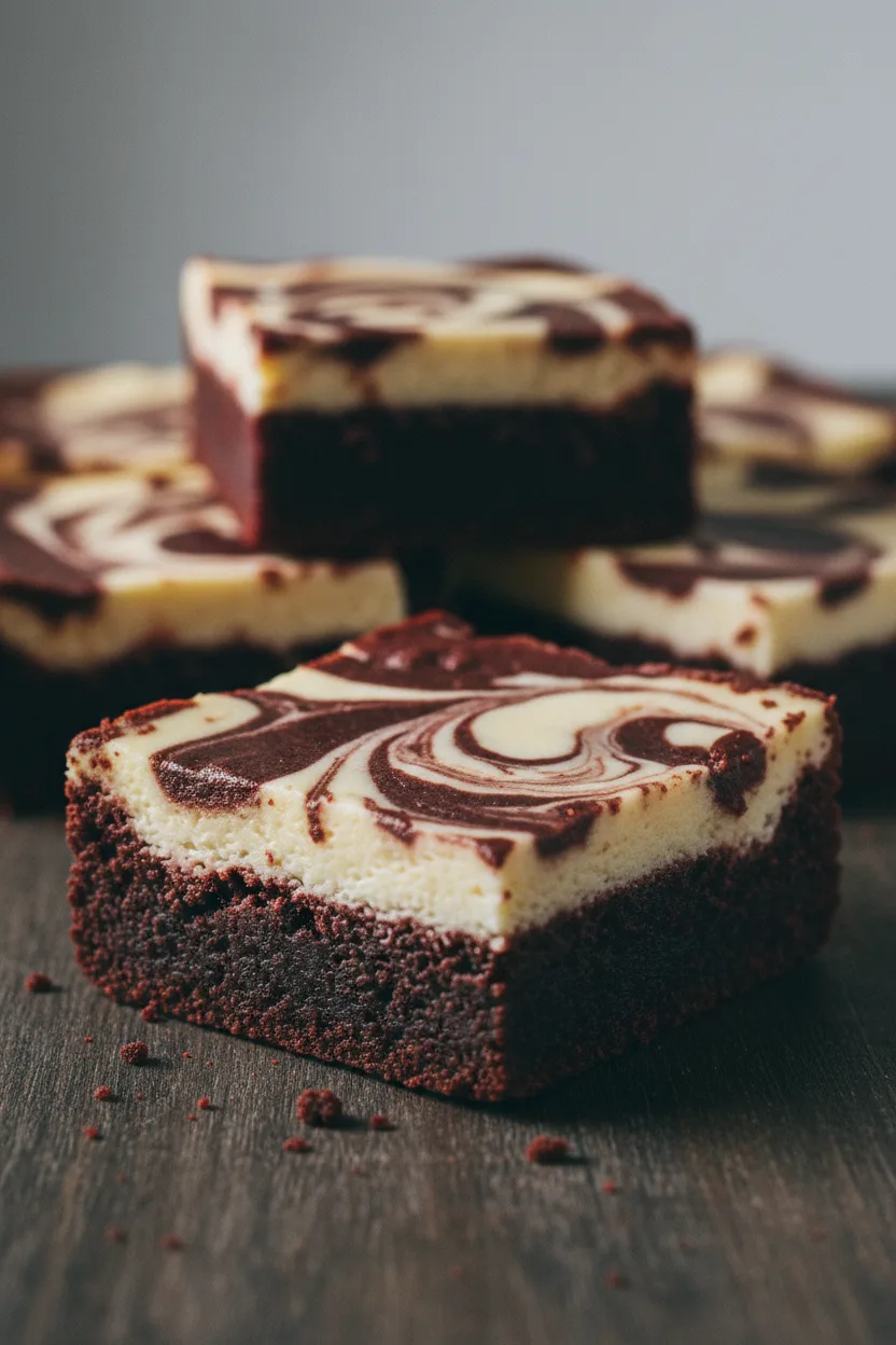 A square of red velvet brownie with a creamy cheesecake swirl on top, resting on a dark wooden surface. Other brownies are slightly blurred in the background, showcasing the marbled pattern and distinct layers of the red velvet and cheesecake.