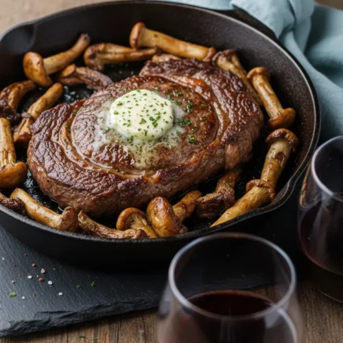 A perfectly seared ribeye steak with a pat of melting butter on top, surrounded by sauteed mushrooms in a cast iron skillet. The steak rests on a dark slate tile over a weathered wooden table. Wine glasses and a light blue linen napkin are in the background.