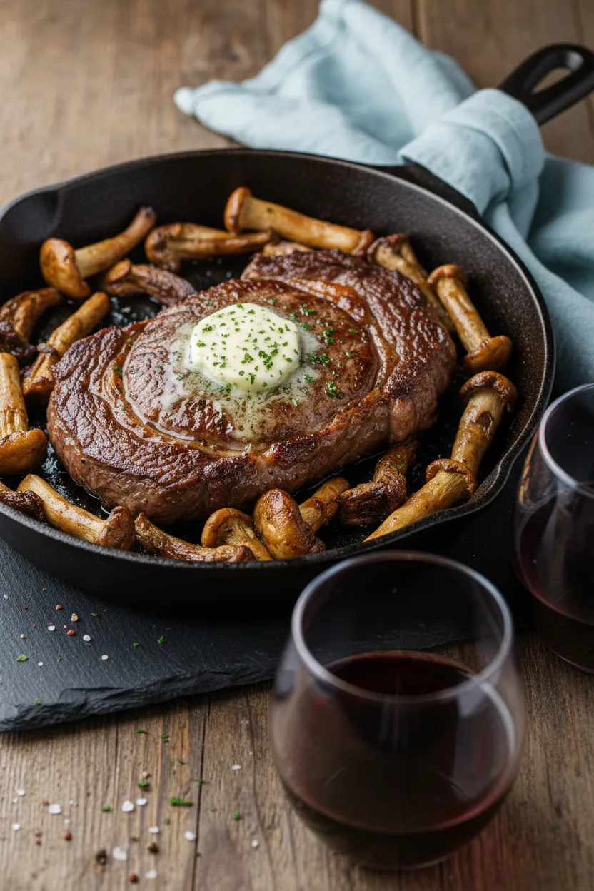 A perfectly seared ribeye steak with a pat of melting butter on top, surrounded by sauteed mushrooms in a cast iron skillet. The steak rests on a dark slate tile over a weathered wooden table. Wine glasses and a light blue linen napkin are in the background.