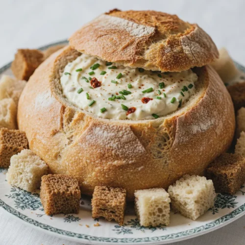 Rye bread dip served in a hollowed-out sourdough bread bowl, surrounded by rye and wheat bread pieces on a patterned ceramic plate. The creamy dip has green herb and red pieces mixed in. The scene is lit with soft, diffused light on a white linen tablecloth.