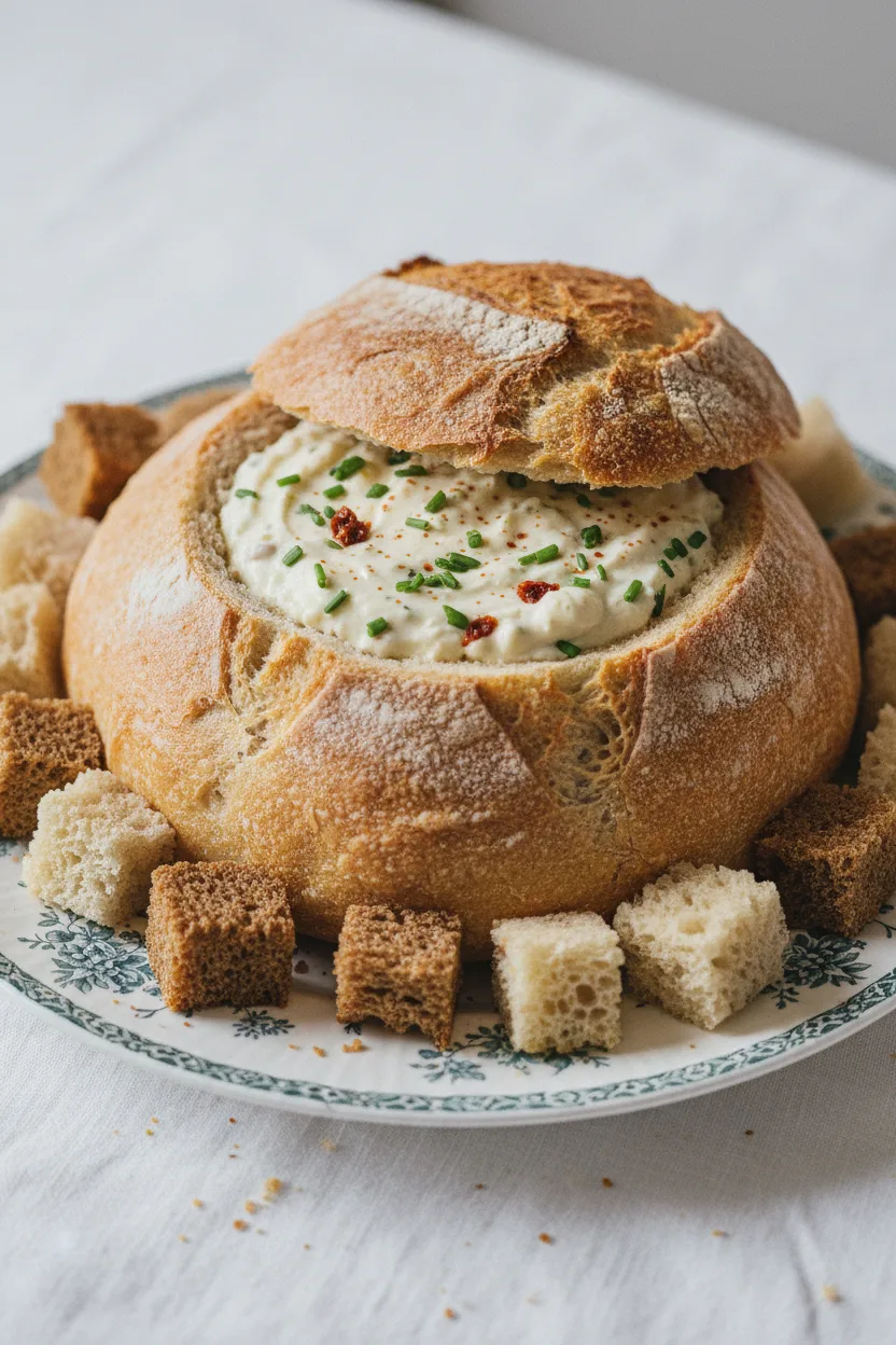 Rye bread dip served in a hollowed-out sourdough bread bowl, surrounded by rye and wheat bread pieces on a patterned ceramic plate. The creamy dip has green herb and red pieces mixed in. The scene is lit with soft, diffused light on a white linen tablecloth.