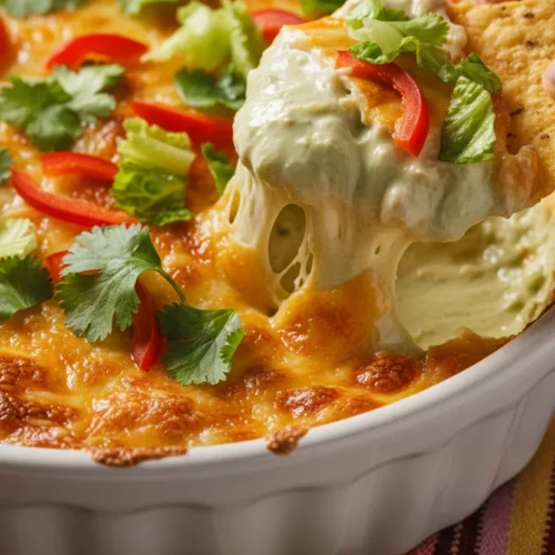 A cheesy, baked Salsa Verde Chicken Dip with bubbly melted cheese, fresh cilantro, chopped lettuce, and sliced red bell peppers. A tortilla chip is dipped into the dip, and a lime wedge sits in the foreground.