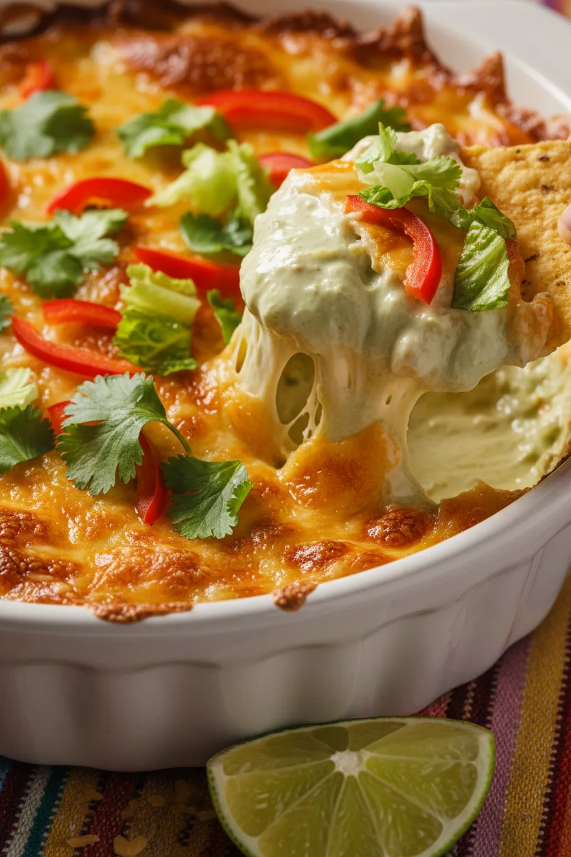 A cheesy, baked Salsa Verde Chicken Dip with bubbly melted cheese, fresh cilantro, chopped lettuce, and sliced red bell peppers. A tortilla chip is dipped into the dip, and a lime wedge sits in the foreground.