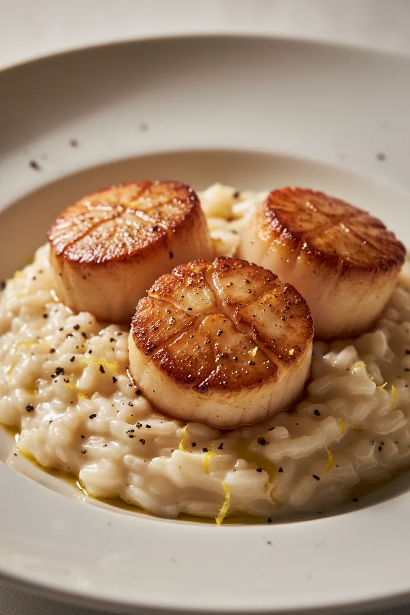 Seared scallops with a golden-brown crust served on creamy lemon risotto, garnished with black pepper and lemon zest.