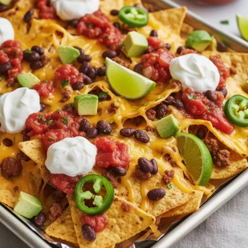 Sheet pan nachos piled high with beef, beans, melted cheddar cheese, diced avocado, salsa, sour cream, and sliced jalapeños on an aluminum baking sheet lined with foil. A hand reaches in to grab a chip.