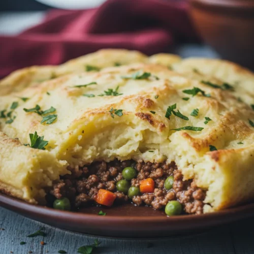 A close-up of Shepherd's Pie (Ground Beef) featuring a ground beef base with peas and carrots, topped with a golden-brown mashed potato crust, garnished with fresh parsley, served on a rustic ceramic plate.
