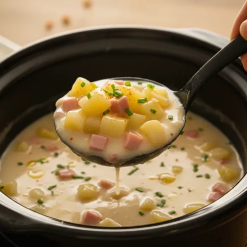 Close-up of creamy slow cooker potato soup in a black slow cooker pot, being scooped with a ladle. The soup contains diced potatoes and ham, with warm, bright lighting.