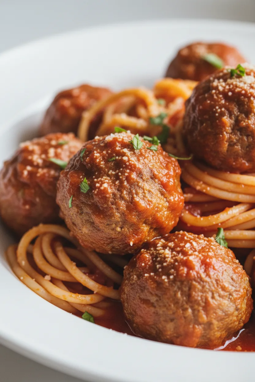 A vibrant and appetizing plate of spaghetti and meatballs, generously coated in a rich, red tomato sauce and sprinkled with grated Parmesan cheese. The meatballs have a slightly rough texture and are well-done, served in a white ceramic bowl.