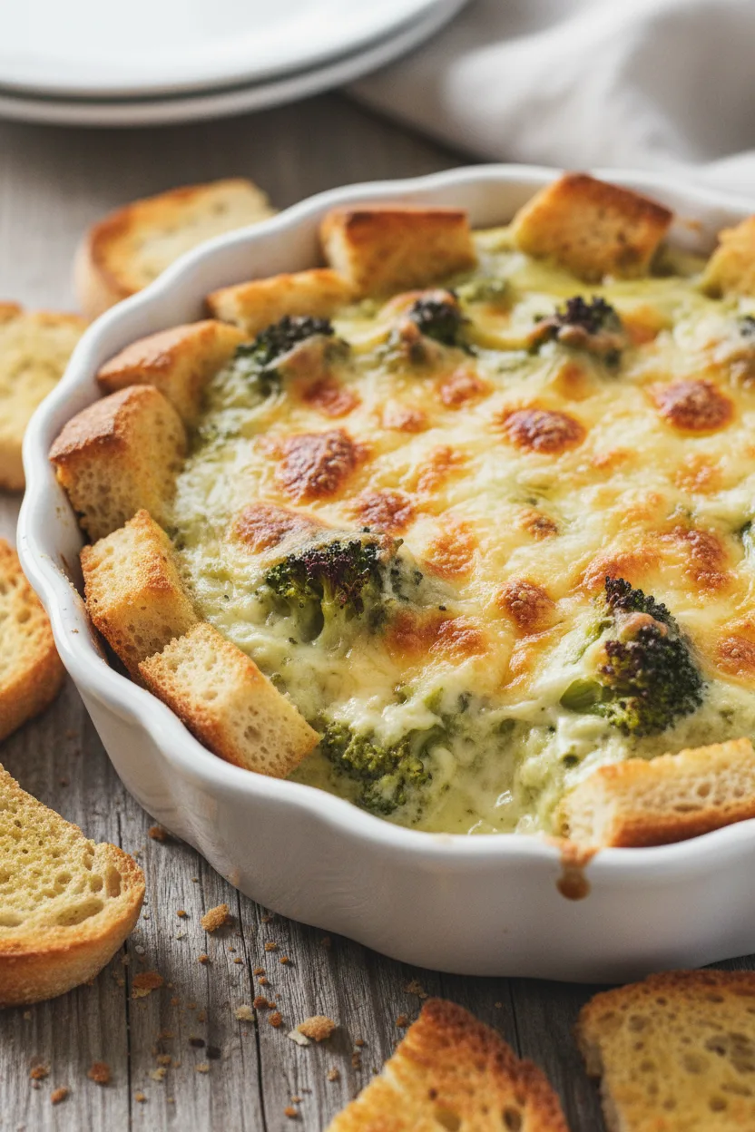 Hot Spinach Artichoke Dip in a white ceramic baking dish with a bubbly, browned cheese topping. Croutons surround the dip on a rustic wooden surface, with toasted bread slices scattered around.