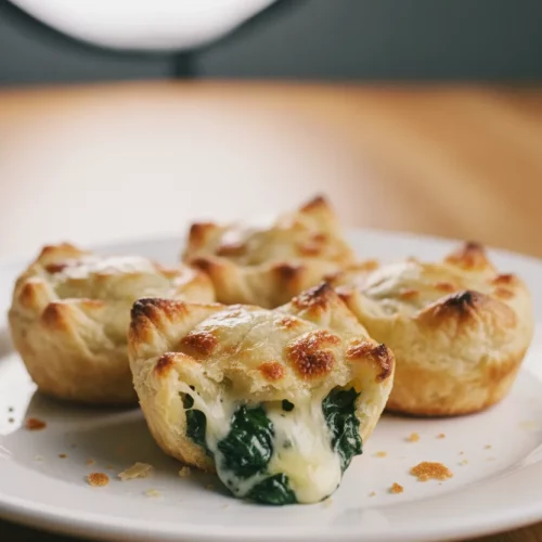 Four spinach dip bites on a white plate. The flaky crust has a buttery sheen, and the filling is moist with melted cheese. The lighting is soft and diffused, highlighting the textures.