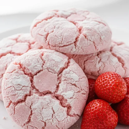Stack of pastel pink strawberry cake mix cookies with a cracked surface and white powdery coating, next to fresh strawberries on a white plate.
