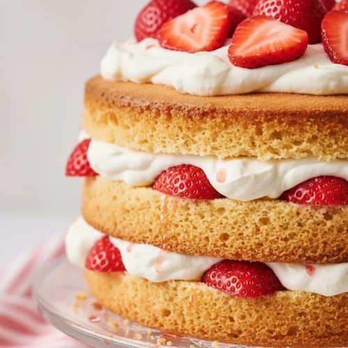 Three-layer strawberry shortcake with soft, billowy whipped cream and fresh strawberries on a clear glass cake stand. The cake layers are golden brown with a slightly porous texture. A pink and white striped linen napkin is blurred in the background.