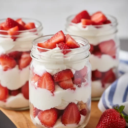 Strawberry shortcake in a glass mason jar. Layers of glossy strawberries and billowy whipped cream are visible. A blue and white striped linen napkin is in the background.