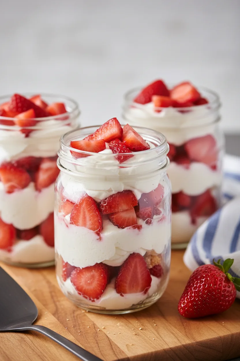 Strawberry shortcake in a glass mason jar. Layers of glossy strawberries and billowy whipped cream are visible. A blue and white striped linen napkin is in the background.