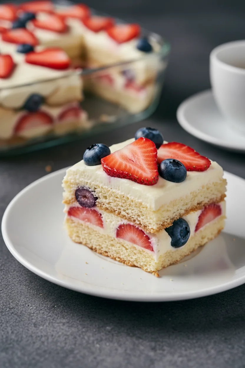 A slice of strawberry tiramisu featuring layers of ladyfingers, creamy filling, fresh strawberries, and blueberries, presented on a white plate with a dark stone background.