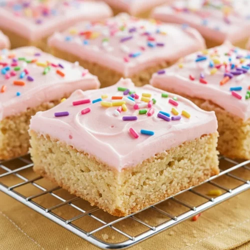 Square-cut sugar cookie bars with light pink frosting and rainbow sprinkles, arranged on a silver cooling rack over a yellow textured cloth.