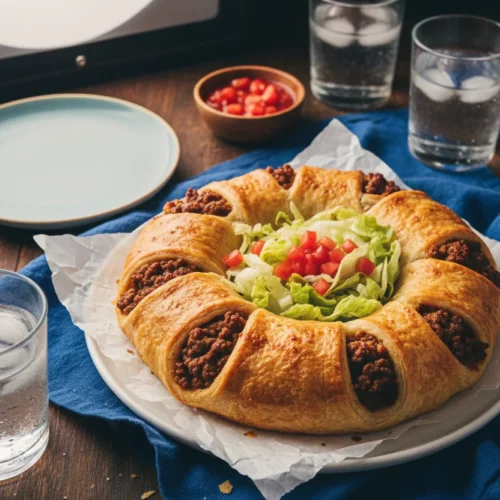 A golden-brown taco ring made with crescent roll dough, filled with seasoned ground beef, lettuce, and tomato, presented on a white ceramic plate with parchment paper, alongside salsa and drinks.