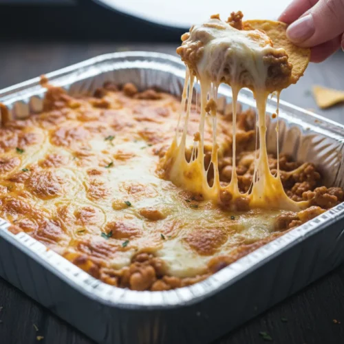 A close-up shot of Texas Trash Dip (Warm Bean Dip) being scooped with a tortilla chip. The dip is bubbly and cheesy with melted cheese strands. It is in a foil pan on a dark wood surface. A hand is holding the chip with dip.