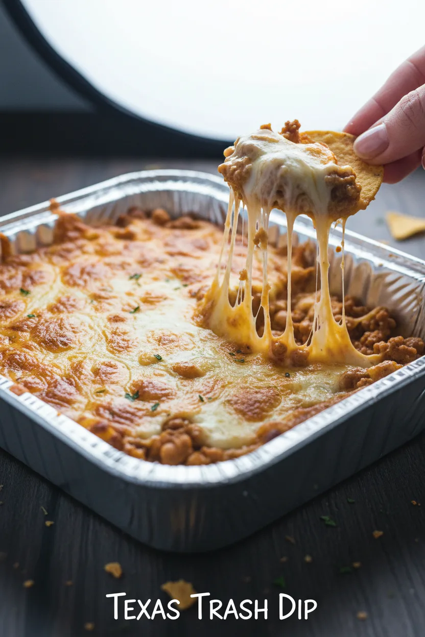 A close-up shot of Texas Trash Dip (Warm Bean Dip) being scooped with a tortilla chip. The dip is bubbly and cheesy with melted cheese strands. It is in a foil pan on a dark wood surface. A hand is holding the chip with dip.