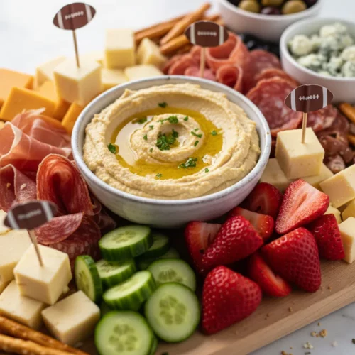 A generously arranged ultimate game day snack board featuring hummus with olive oil, fresh strawberries, cured meats, cheeses, unevenly chopped vegetables, and scattered pretzels. The board is lit with soft, diffused lighting and presented on a light marble surface with football-themed picks.