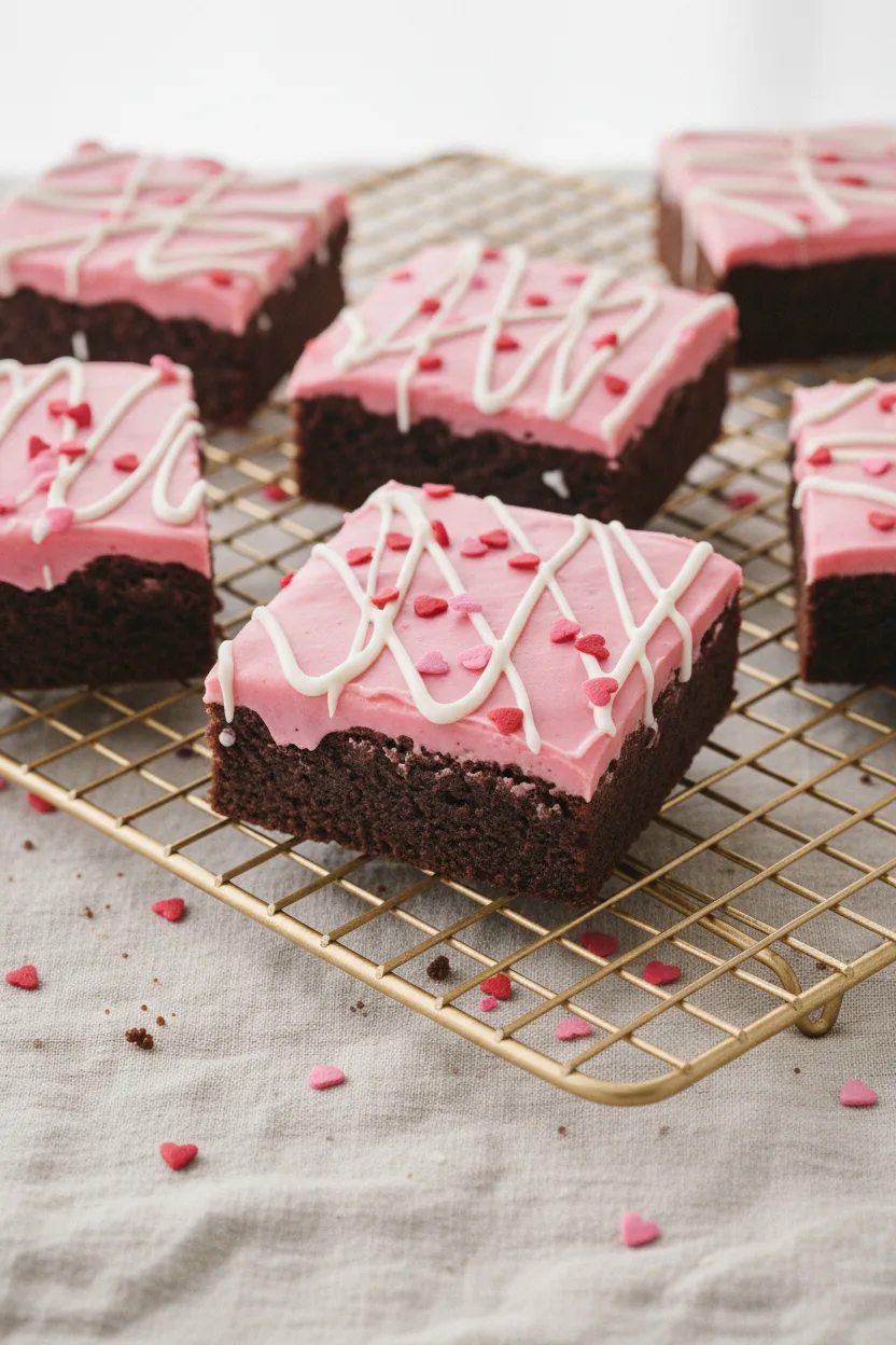 Pink frosted brownies decorated with red and pink heart sprinkles arranged on a golden cooling rack with a neutral linen cloth underneath, creating a Valentine's Day fudge scene.