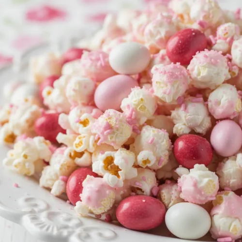 A mound of Valentine's Day Popcorn Mix overflowing from a white ornate platter, featuring white chocolate coated popcorn, pink sprinkles, and candy-coated chocolates in pink, red, and white.