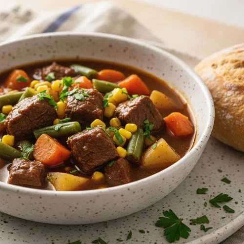 A bowl of hearty vegetable beef soup with beef cubes, carrots, green beans, corn, and potatoes, garnished with fresh parsley. The soup has a glossy sheen and is served in a speckled white ceramic bowl on a matching plate with a striped linen napkin and a crusty bread roll.