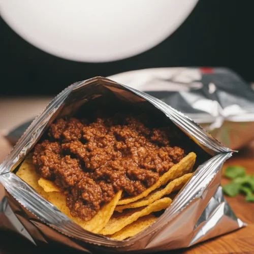 A close-up of Walking Tacos (Frito Pie) served in an open bag of Fritos. Crispy chips are topped with rich, oily ground beef chili, visible on a wood board with a plastic fork stuck in the contents