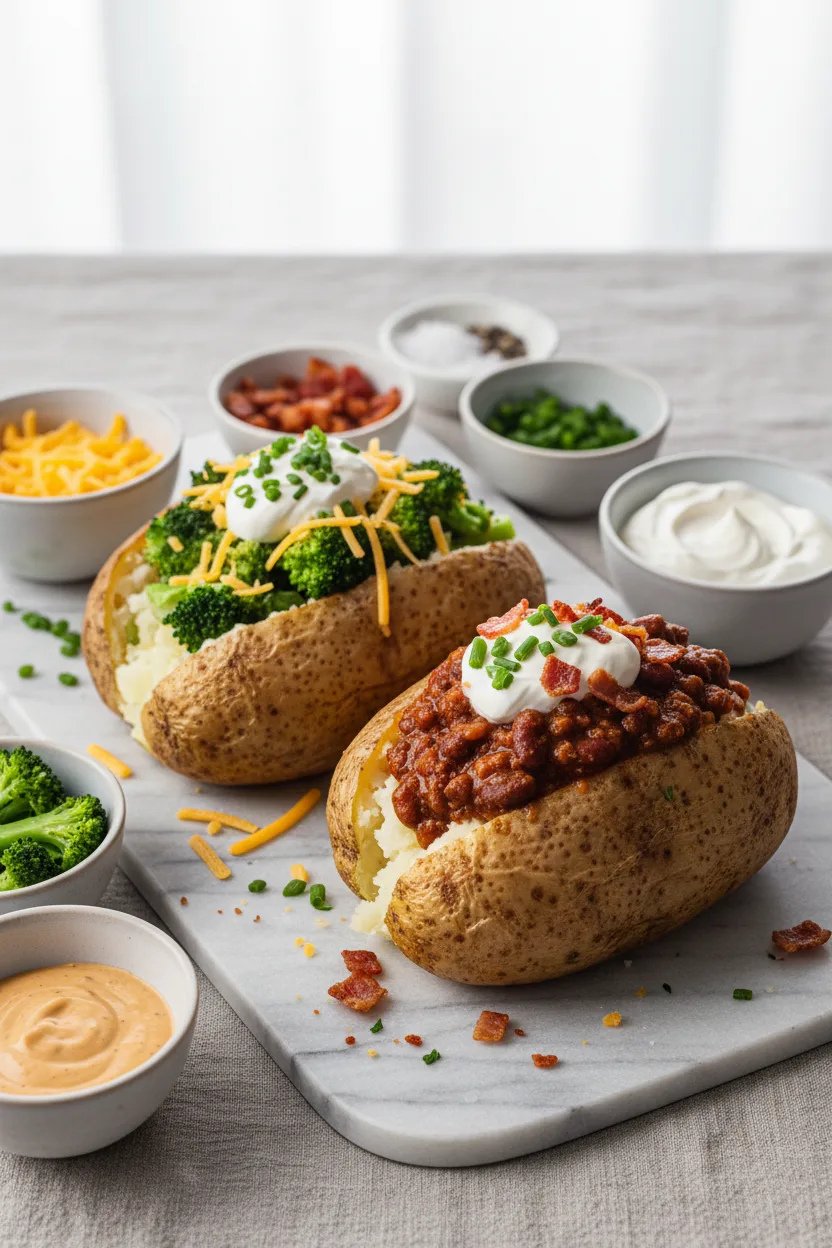 A top-down view of loaded baked potatoes on a marble platter, showcasing a baked potato bar with various toppings including shredded cheese, bacon bits, chives, sour cream, salt, pepper, steamed broccoli, cheese sauce, and chili.