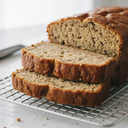 Slices of best ever banana bread stacked on a white wire cooling rack, sitting on a bright white marble surface. A silver knife with a white handle is visible in the background.