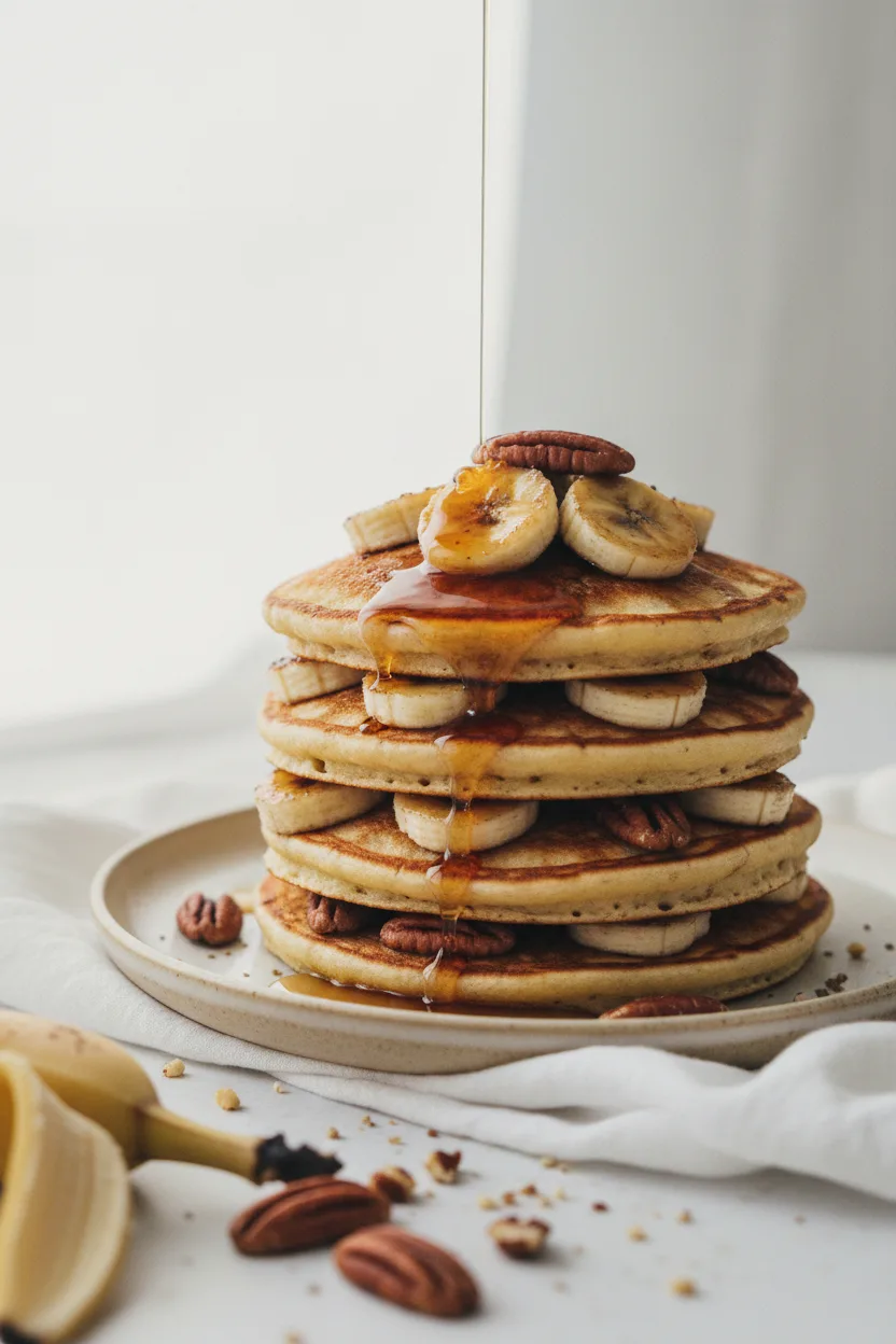 A stack of golden-brown banana foster pancakes (alcohol-free) topped with sliced bananas, pecans, and amber-colored syrup. A fork and knife are digging into the pancake stack.
