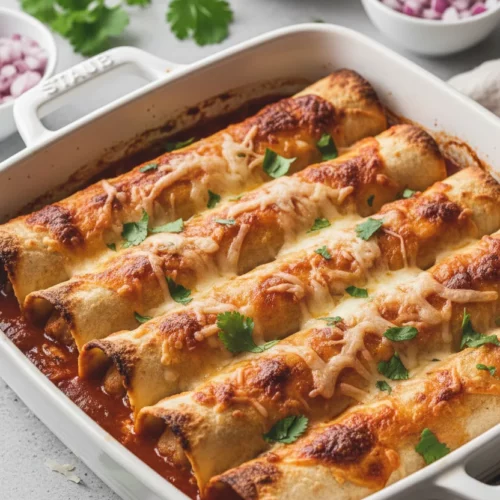 A baking dish filled with homemade beef enchiladas topped with melted cheese, red onions, and cilantro, glistening with a slightly viscous sauce. The enchiladas have a rough, porous texture with slightly burnt edges.
