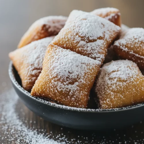 Close-up of New Orleans style beignets, piled in a dark dish and heavily coated with powdery sugar. The golden-brown beignets have a porous texture and are lit with soft, diffused light.