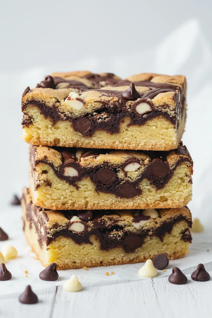 A stack of three marble blondies, a brownie alternative, displaying a pale yellow cookie base with chocolate brownie swirls and semi-melty chocolate chips. The edges are imperfect, and chocolate chips surround the stack.